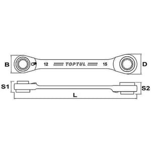 Toptul 12 x 15 mm - 14 x 13 mm Pro - Series 4 - In - 1 Ratchet Double Ring Wrench (72 Teeth Ratchet Mechanism), ABAD1215