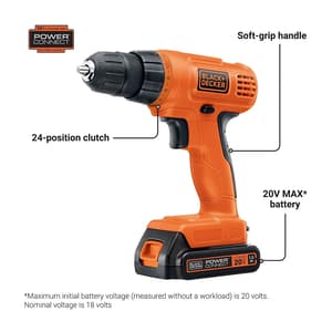 Black+Decker 20V / 10mm Cordless Drill Driver With 1x 1.5Ah Li-ion Battery & 30 Pcs Kit, LD120VA-IN
