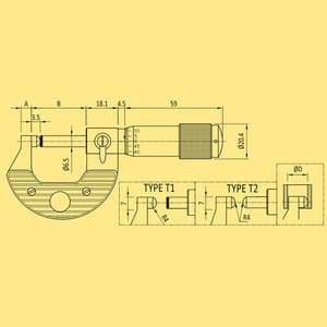 Baker 0 - 25 mm Both Ends Spherical Hardened Steel Face Tube Micrometer, MMC25 - T2