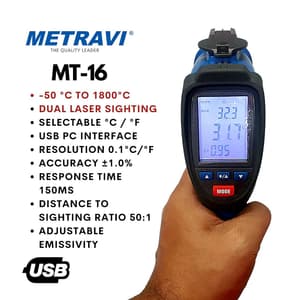 Metravi 4 Digits 1800°C Temperature Range With Dual Laser Pointer Non-contact cum Contact Infrared Thermometer With USB PC Interface, MT-16